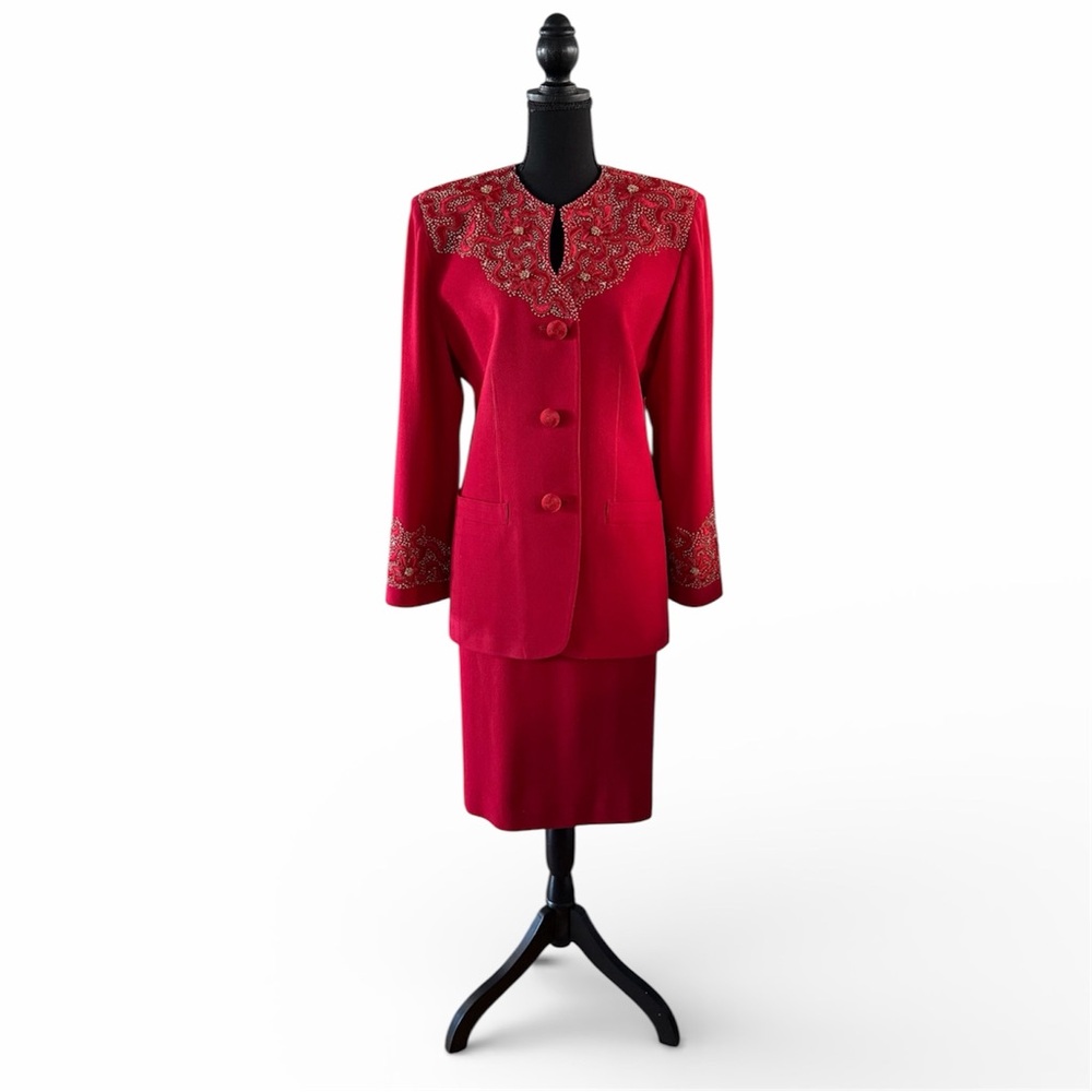 Nolan Miller Red 2pc Skirt Suit w/”Poinsettia” Embroidery Beads Rhinestones 16